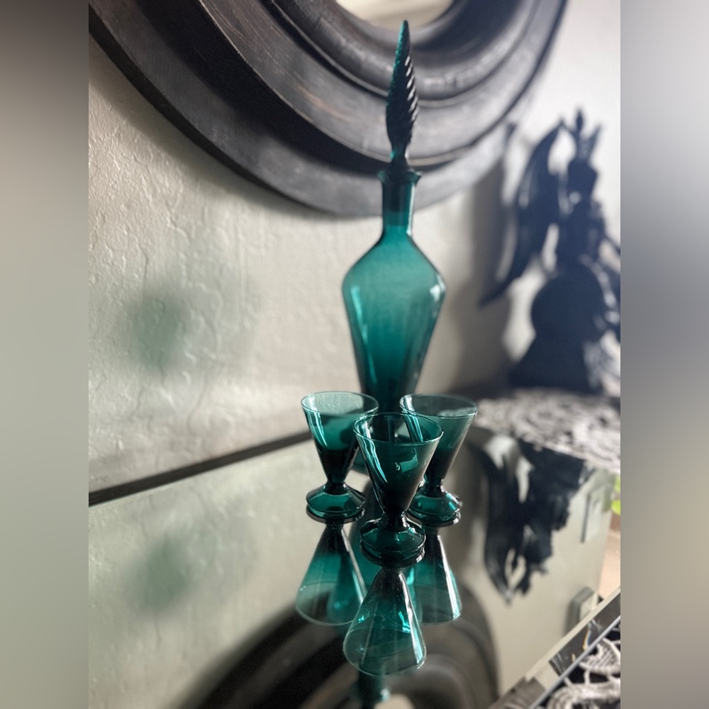 MCM Teal Glass Barware Set – Vintage Decanter & Cordial Glasses